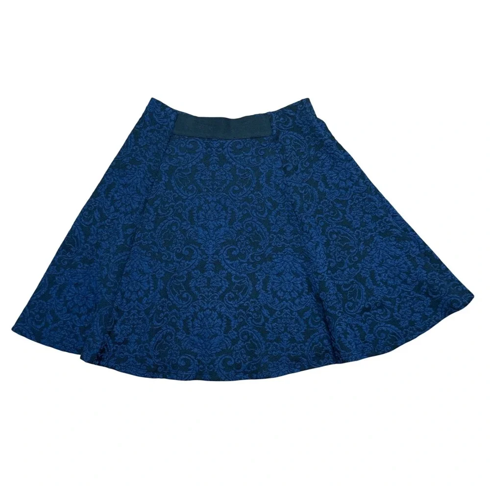 Maeve Anthropologie‎ Navy Blue Black Damask Jacquard A-Line Skater Skirt Small